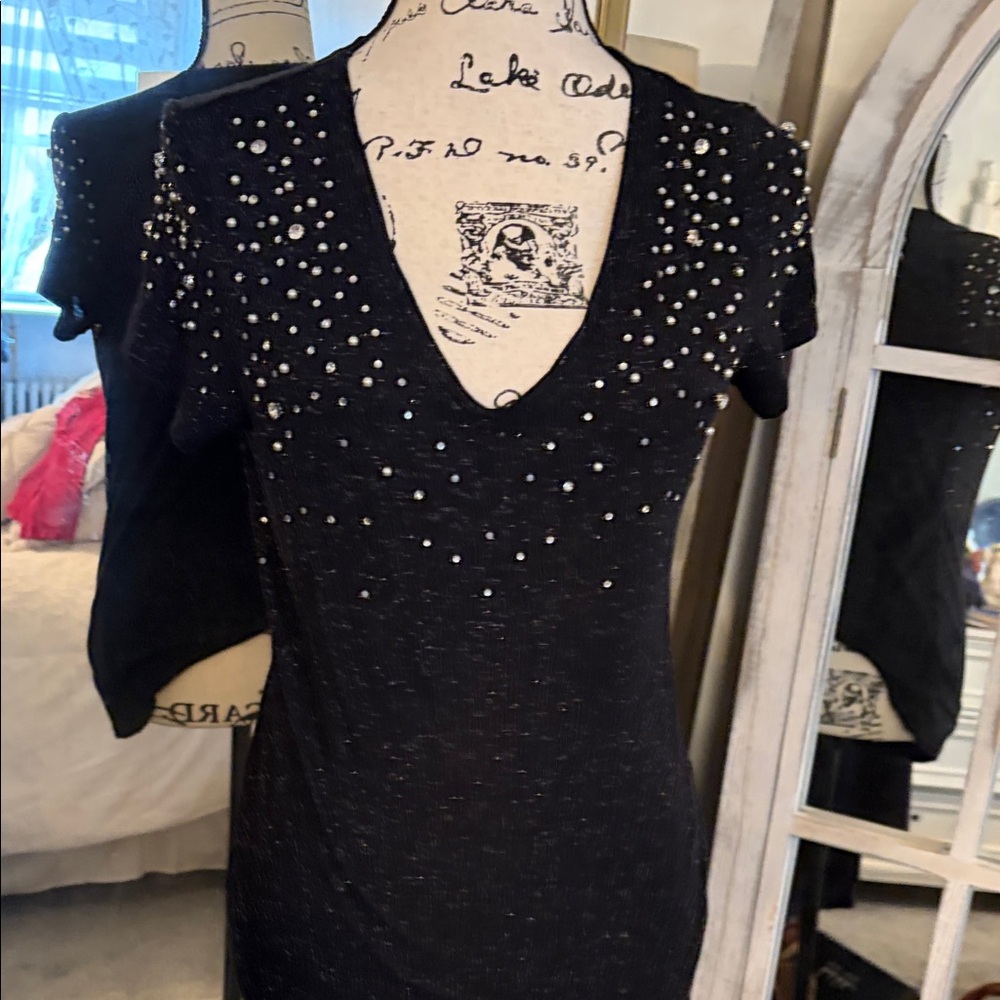INC International Concepts Black Studded V-Neck Blouse - Picture 2 of 8